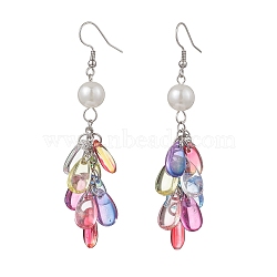 Glass & Plastic Pearl Teardrop Tassel Dangle Earrings, Platinum, 76mm(EJEW-JE06818)