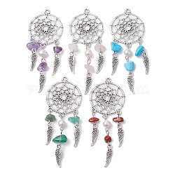 Mixed Gemstone Chip Big Pendants, Antique Silver Plated Alloy Woven Web/Net with Feather Charms, with Natural Cultured Freshwater Pearl, Mixed Dyed and Undyed, 71~75x28.5~30x4.5~6mm, Hole: 1.8mm(PALLOY-JF02293)