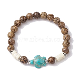 Beach Tortoise Synthetic Turquoise Bracelets, 8mm Wenge Wood Round Beaded Stretch Bracelets for Women, Dark Turquoise, Inner Diameter: 2 inch(5.2cm), bead: 8mm, tortoise: 17x14mm(BJEW-JB10303-02)