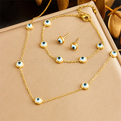 Stainless Steel & Natural Shell Chain Necklace & Bracelet & Stud Earring, Golden, Evil Eye, 400mm & 165mm & 7mm(FS-WG047CA-05)