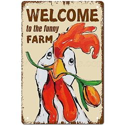 Tinplate Sign Poster, Vertical, for Home Wall Decoration, Rectangle with Word Welcome to the Funny Farm, Rooster Pattern, 300x200x0.5mm(AJEW-WH0157-445)