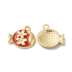 Rack Plating Alloy Enamel Pendants, Nickel Free, Fish with Flower Charm, Golden, Red, 15x16x3mm, Hole: 1.8mm(PALLOY-Q443-04G)
