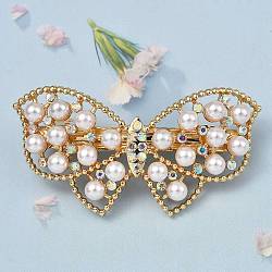 Tibetan Style Alloy Rhinestone Hair Barrettes, with Plastic Imitation Pearl Beads, Butterfly, Golden, 38.5x72.5x18.5mm(PHAR-P010-04G)