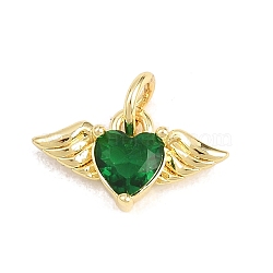 Valentine's Day Brass Micro Pave Cubic Zirconia Pendants, Heart with Wing Charms, Long-Lasting Plated, Rack Plating, Lead Free & Cadmium Free, Real 18K Gold Plated, Sea Green, 8.5x15x4mm, Hole: 3.2mm(KK-H273-33A-G)