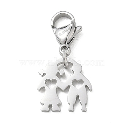 304 Stainless Steel Boy Girl Heart Cutout Pendant Decorations, with Lobster Clasp, Stainless Steel Color, 27mm(STAS-B141-08P)