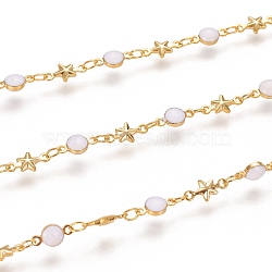 3.28 Feet Handmade Brass Link Chains, with Enamel and Spool, Soldered, Long-Lasting Plated, Flat Round & Star,White, Real 18K Gold Plated, Link: 9x4.5x3mm, 10x5x1.5mm, 4x2x0.5mm(X-CHC-I034-15G)