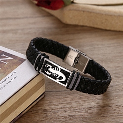 Leather Cord Braided Bracelets, Stainless Steel Bracelet with Buckle, Scorpion, 8-5/8 inch(22cm)(PW-WG19457-01)