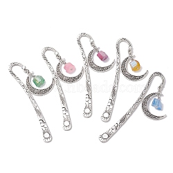 Dyed Natural Quartz & Hollow Moon Pendant Bookmarks, Flower Pattern Tibetan Style Alloy Hook Bookmark, Mixed Color, 148mm(AJEW-JK00316)