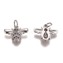 Brass Micro Pave Cubic Zirconia Charms, with Jump Rings, Bees, Black & Clear, Platinum, 11.5x15x3mm, Hole: 3mm(X-ZIRC-G153-31P)