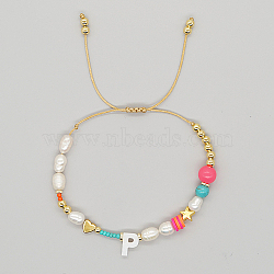 Initial Letter Natural Pearl Braided Bead Bracelet, Adjustable Bracelet, Letter P, 11 inch(28cm)(LO8834-16)