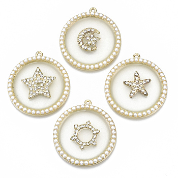 Alloy Pendants, with Resin, ABS Plastic Imitation Pearl and Crystal Rhinestone, Flat Round, Light Gold, 41x37~38x4mm, Hole: 1.8mm