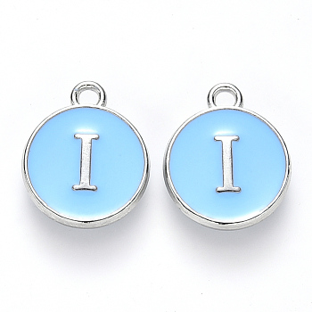 Platinum Plated Alloy Enamel Charms, Cadmium Free & Lead Free, Enamelled Sequins, Flat Round with Letter, Letter.I, 14x12x2mm, Hole: 1.5mm