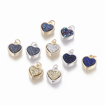 Druzy Resin Pendants, with Brass Finding, Heart, Mixed Color, 14x12x4~6mm, Hole: 3mm