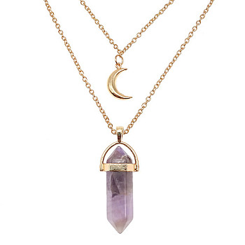 Natural Amethyst Cone Pendant Double Layer Necklace, with Moon Charms, 19.69 inch(50cm)