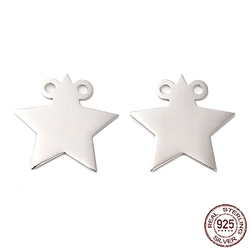 Rhodium Plated 925 Sterling Silver 2-Loop Pendants, Stamping Blank Tags, Star Charm, Real Platinum Plated, 15x15.5x0.5mm, Hole: 1.4mm