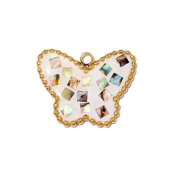 304 Stainless Steel Enamel Pendants, Butterfly Charm, with Shell, Ion Plating(IP), Long-Lasting Plated, Real 18K Gold Plated, White, 18x14mm,Hole:1.40mm