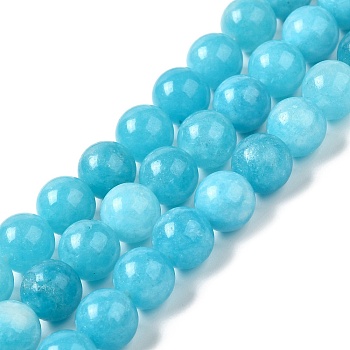 Natural Dyed Jade Beads Strands, Round, Deep Sky Blue, 10~10.5mm in diameter, Hole: 1mm, about 37pcs/strand, 14.76''~14.80''(37.5~37.6cm)