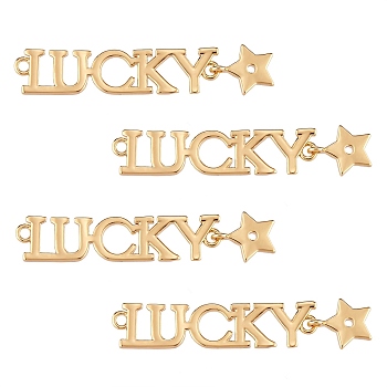 Rack Plating Brass Connector Charms, Nickel Free, Lucky with Star, Real 18K Gold Plated, 44mm, Hole: 1.6mm, 4pcs/box