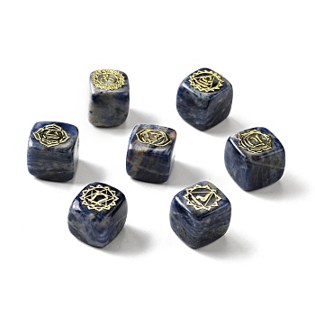 7Pcs 7 Styles Natural Sodalite Beads, with Long-Lasting Plated Golden Tone Brass Chakra Pattern Slices, Lead Free & Cadmium Free, No Hole, Cube, 15.5~18x15~17x14.5~17mm, 1pc/style