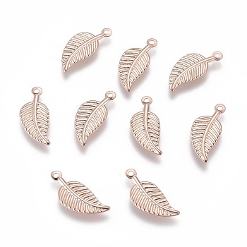 304 Stainless Steel Charms, Leaf, Rose Gold, 14.5x6x0.5mm, Hole: 0.8mm