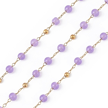 Dyed Natural Jade Round Beaded Chain, with Golden 304 Stainless Steel Satellite Chains, Unwelded, with Spool, Dark Orchid, 2.5x1x0.3mm, 5x4mm, 3mm, about 32.81 Feet(10m)/Roll