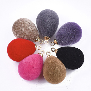 Flocky Acrylic Pendants, with Brass Findings, teardrop, Golden, Mixed Color, 20~20.5x12.5mm, Hole: 1.6mm