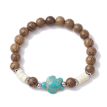 Beach Tortoise Synthetic Turquoise Bracelets, 8mm Wenge Wood Round Beaded Stretch Bracelets for Women, Dark Turquoise, Inner Diameter: 2 inch(5.2cm), bead: 8mm, tortoise: 17x14mm