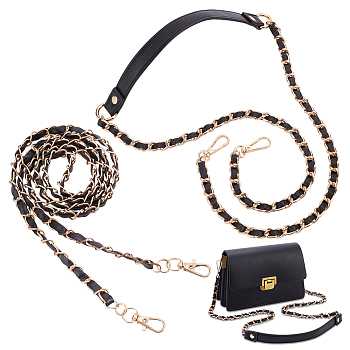 WADORN 2Pcs 2 Styles Purse Chains, PU Imitation Leather Bag Straps, with Alloy Chain & Swivel Clasp, Black, 113~122x0.8~1.9x0.3~0.6cm, 1pc/style