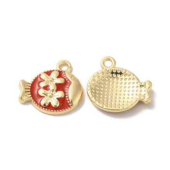 Rack Plating Alloy Enamel Pendants, Nickel Free, Fish with Flower Charm, Golden, Red, 15x16x3mm, Hole: 1.8mm