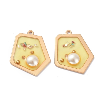 Defective Closeout Sale, Epoxy Resin Pendants, with ABS Plastic Imitation Pearl and Shell, Alloy Findings, Polygon, Matte Gold Color, Dark Goldenrod, 38x30.5x5.8mm, Hole: 2.3mm
