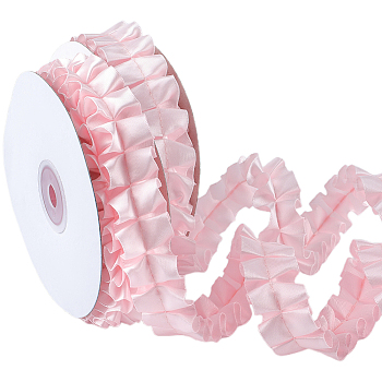 Pleated Solid Color Double-Sided Polyester Lace Trim, Vintage Ruffle Edging Fabric, for Curtain Sewing Craft Wedding Dress Applique, Pink, 1 inch(25mm), about 5.00 Yards(4.57m)/Roll