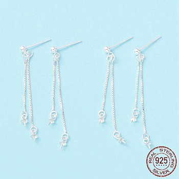 925 Sterling Silver Stud Earring Findings, Long Chain Tassel with Double Peg Bails, for Half Drilled Beads, Silver, 55.5mm, Pin: 0.7mm and 0.6mm(for half drilled beads)