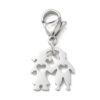 304 Stainless Steel Boy Girl Heart Cutout Pendant Decorations, with Lobster Clasp, Stainless Steel Color, 27mm