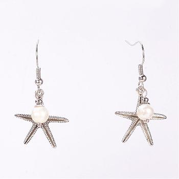 Dangle Retro Alloy Starfish/Sea Stars Pendants Earrings for Women, with Freshwater Pearl Beads and Brass Earring Hooks, Antique Silver, 20mm