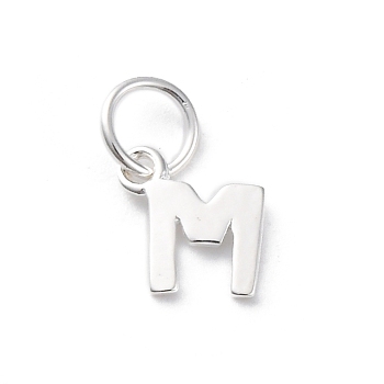 925 Sterling Silver Letter Charms, with Jump Rings and 925 Stamp, Silver Color Plated, Letter M, 7.5x7.5x0.8mm, Hole: 4mm