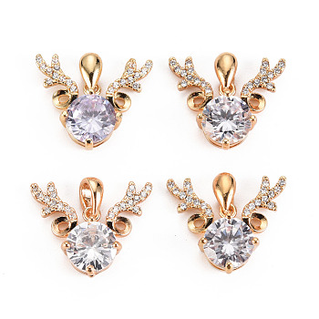 Brass Micro Cubic Zirconia Pendants, Deer, Light Gold, Clear, 16x19x5mm, Hole: 5x3mm