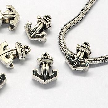 Alloy European Beads, Large Hole Beads, Anchor, Antique Silver, 16x11.5x7mm, Hole: 5mm