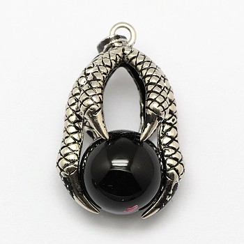 Vintage Natural Bezel Black Agate Pendants, with Antique Silver Plated Alloy Findings, Animal Claw with Round Beads, 37x25x16mm, Hole: 5x3mm