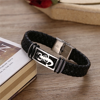 Leather Cord Braided Bracelets, Stainless Steel Bracelet with Buckle, Scorpion, 8-5/8 inch(22cm)