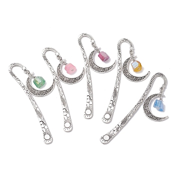 Dyed Natural Quartz & Hollow Moon Pendant Bookmarks, Flower Pattern Tibetan Style Alloy Hook Bookmark, Mixed Color, 148mm