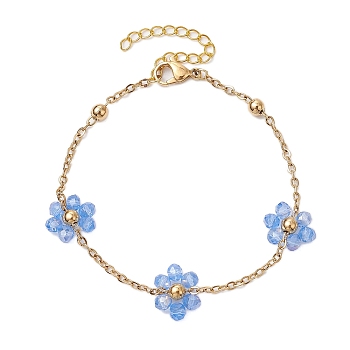 304 Stainless Steel Chain Bracelets, Cable Chains, with Glass Beads, Flower, Golden, 7-1/8 inch(18.2cm)