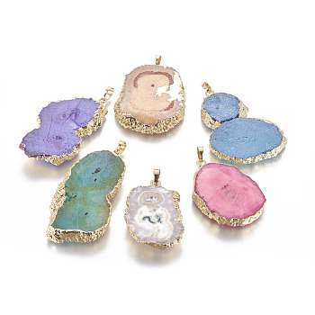 Natural Druzy Agate Big Pendants, with Golden Tone Brass Findings, Dyed, Nuggets, Mixed Color, 42.5~62.5x28.5~41x6~7mm, Hole: 7.5~8x4~5mm