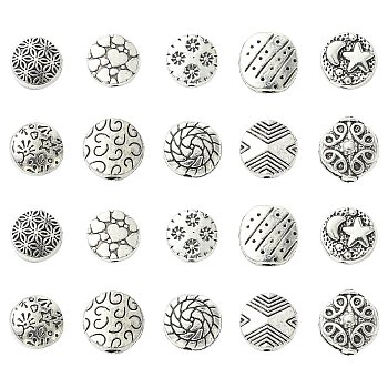100Pcs 10 Styles Tibetan Style Alloy Beads, Flat Round with Mixed Pattern, Antique Silver, 9~11.5x3~5.5mm, Hole: 0.8~2mm, 10pcs/style