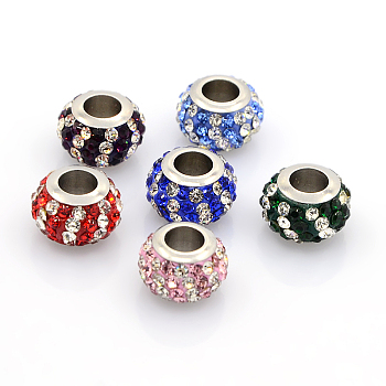 304 Stainless Steel Polymer Clay Rhinestone European Beads, Large Hole Rondelle Beads, Mixed Color, 11x7.5mm, Hole: 5mm