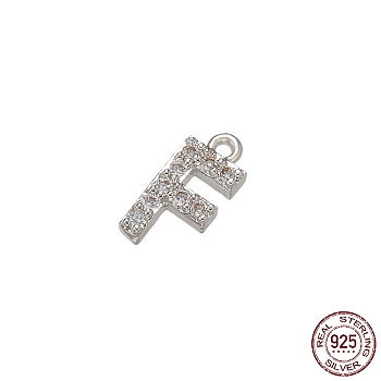 Real Platinum Plated Rhodium Plated 925 Sterling Silver Micro Pave Clear Cubic Zirconia Charms, Initial Letter, Letter F, 9.5x4.5x1.5mm, Hole: 0.9mm