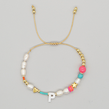 Initial Letter Natural Pearl Braided Bead Bracelet, Adjustable Bracelet, Letter P, 11 inch(28cm)