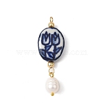 Blue and White Tulip Pattern Oval Porcelain Pendants, Ceramic Charms with Natural Cultured Freshwater Pearl Drop and Brass Loops, Golden, 46.5x16x6.5mm, Hole: 1.8mm(PALLOY-JF04709)
