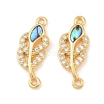Natural Paua Shell Leaf Links Connector Charms, with Brass Micro Pave Clear Cubic Zirconia Settings, Real 18K Gold Plated, 18x7.5x1.8mm, Hole: 1.2mm(KK-Z140-10G)