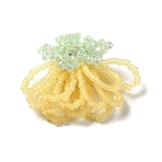 Glass Beads Braided Flower Cabochons, with Golden Iron Sieve Findings, for DIY Brooch Earring Costume Ornaments, Gold, 32~33x40~46x7mm, Hole: 1.4mm(GLAA-F120-01B)