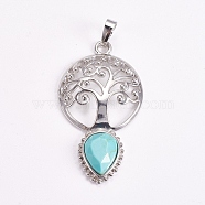 Brass Pendants, Synthetic Turquoise, Faceted, Dyed, Hollow Flat Round with Tree of Life and Teardrop, Platinum, 49x27x6mm(G-G743-A01)